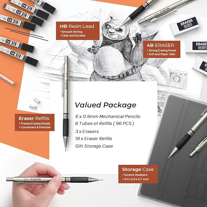 Nicpro 0.9 mm Art Mechanical Pencils Set in Case, 6 PCS Metal Drafting Pencil 0.9mm Lead Pencil with 6 Tube HB Lead Refills, 3 Erasers, 18 PCS Eraser Refills for Artist Writing, Drawing, Sketching