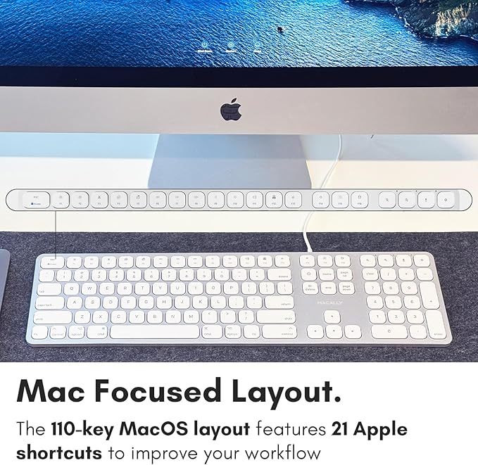 Macally Premium Wired Mac Keyboard with 2 Port Hub - Full Size with Numeric Keypad - Extended USB Keyboard for Mac mini/Pro, iMac, MacBook Pro/Air (Silver Aluminum)