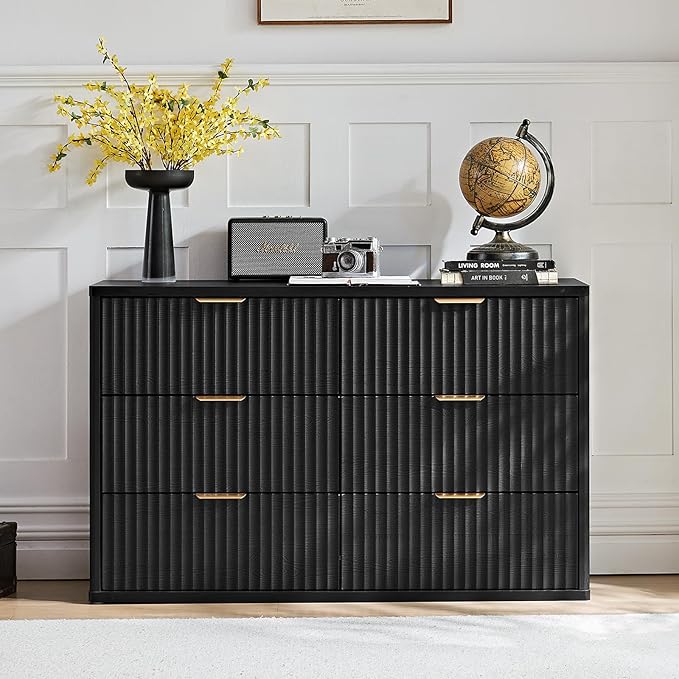 LEYAOYAO Fluted 6 Drawers Dresser Set of 2, 48" Wide Modern Chest of Drawers with Woodgrain Top, Curved Profile Design, Dresser TV Stand, Wooden Drawer Organizer for Bedroom, Living Room,Black