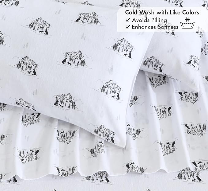 RUVANTI Flannel Sheets California King Size - 100% Cotton Brushed Cal King Bed Sheets Set - Deep Pockets 14 Inches - All Seasons Breathable & Extra Soft - Warm & Cozy, 4 Piece, Soul Dog White