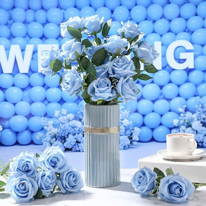 30 Pcs Rose Artificial Flowers in Bulk Real Touch Long Stem Silk Roses Bouquets Realistic Faux Flowers for Wedding Bridal Shower Home Decor Floral Arrangements Table Centerpiece(Light Blue)
