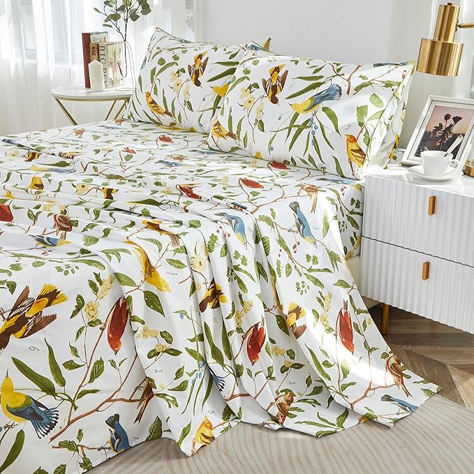 Brandream Eastern Floral Birds Chinoiserie Blossom Print Bed Sheet Set Luxury Bedding Collections 800TC 100% Egyptian Cotton Deep Pocket White Green Botanical Tree Branches Ornamental, 4Pc-Queen Size