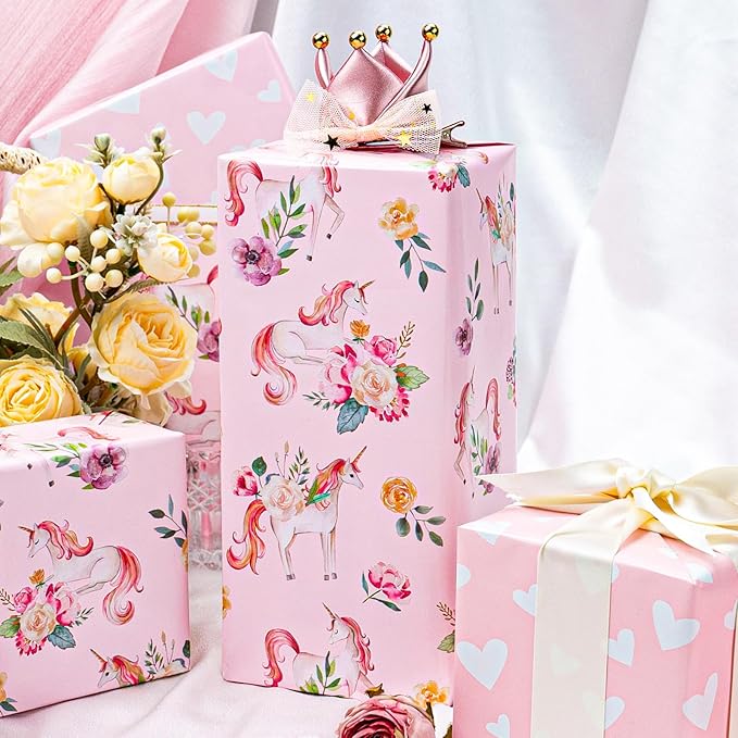 HOMERAL Pink Unicorn Wrapping Paper with Flower Designs - 17In x 33Ft (46.5sqft) Pink Unicorn Princess Gift Wrap with Hearts Reverse for Girls Birthday, Baby Shower, Valentines Day, Mothers Day, DIY Crafts
