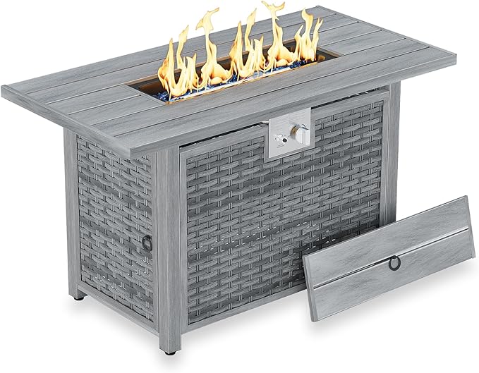 43" Rectangular Propane Fire Pit for Outside Patio 2 in 1, 50,000 BTU Fireplaces with Lid, Glass Rocks, Cover