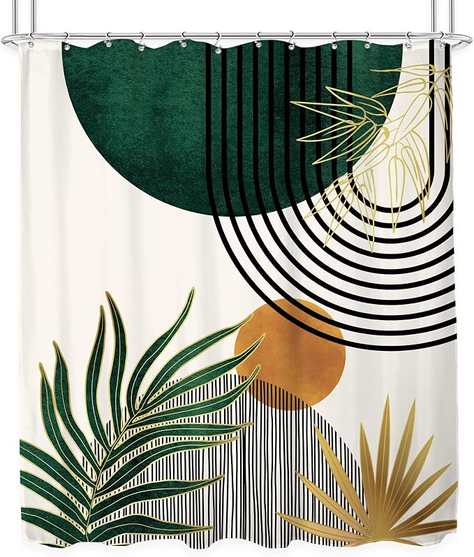 KOMLLEX Mid Century Green Boho Shower Curtain 72Wx84L Inches Abstract Modern Shower Curtains for Bathroom Plant Botanical Minimalist Leaf Arch Sun Fabric Liner Waterproof Polyester 12 Pack Hooks