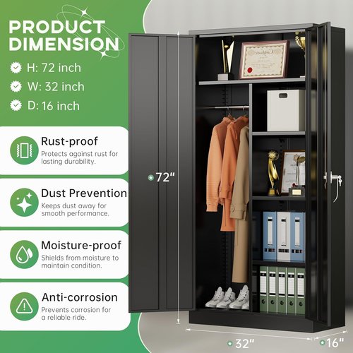 INTERGREAT Metal Wardrobe Closet - 72" Lockable Storage Armoire with Hanging Rod & 4 Adjustable Shelves - Black