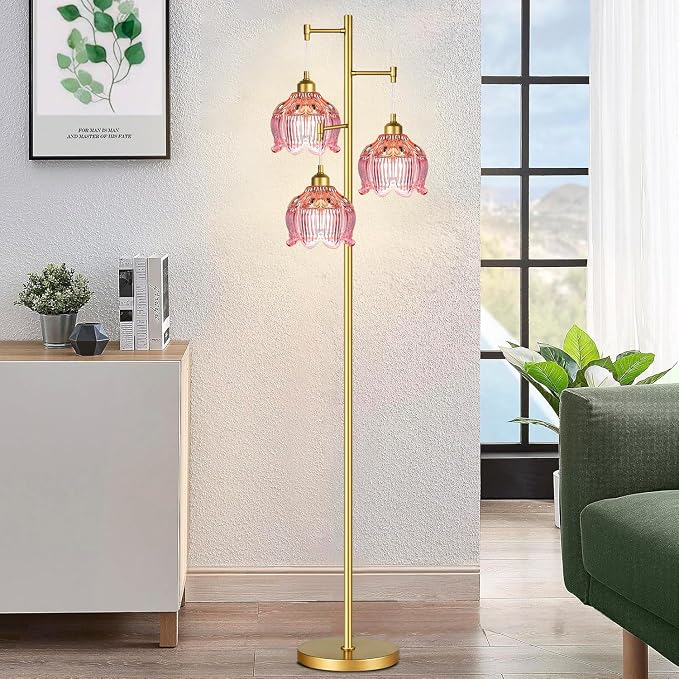 ILLMTW Glass Floor Lamp for Living Room,Bedroom,Gold Flower Mid Century Modern Standing Lamp Brass Tree 3 Light Tall Floor Lamps Vintage Floor Lights Pink Lamp Shade Farmhouse Boho Bohemian