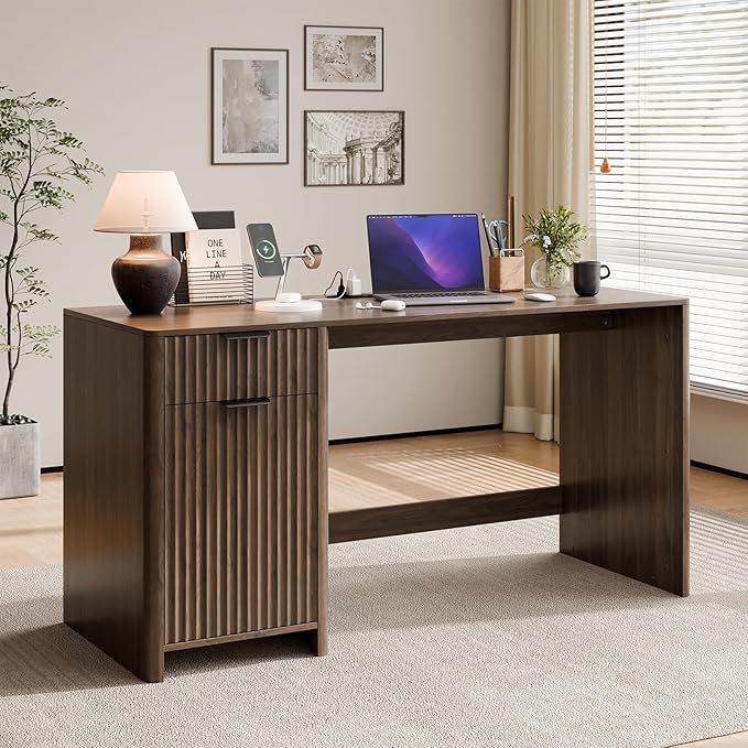58" Fluted Home Office Desks with Storage, Modern Executive Desk Computer Desk with Drawer & Cabinet, Wood Work Desk for Office, Bedroom, Study, Living Room, Walnut
