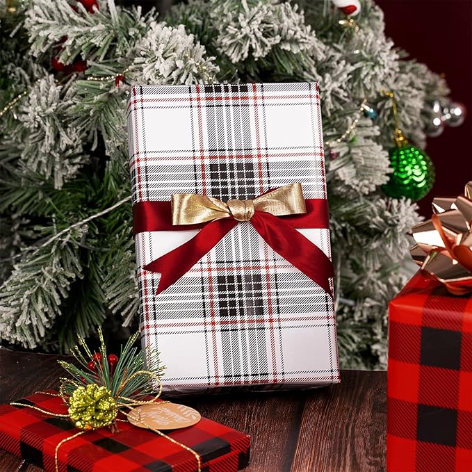 MAYPLUSS Christmas Reversible Wrapping Paper - Mini Roll - 17 Inch X 32.8 Feet - Red Black Buffalo Plaid Patterns (47.3 sq.ft.ttl)