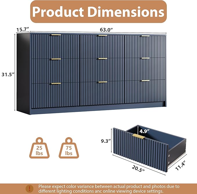 3-Piece Dresser Bedroom Set, 9 Drawer Dresser & 3 Drawer Nightstands with Gold Handles, Fluted Wood Chest of Drawers for Bedroom, Living Room, Entryway, Navy Blue