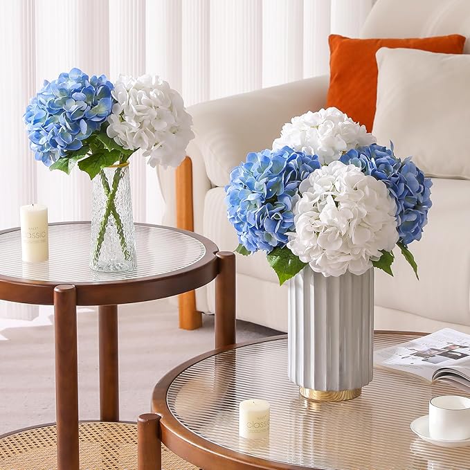 4Pcs Hydrangea Artificial Flowers, 22.44" Real Touch Latex Faux Hydrangea with Long Stems & Leaves for Home Office Decor or Wedding, Party, Centerpieces, Floral Arrangements (White&Blue)
