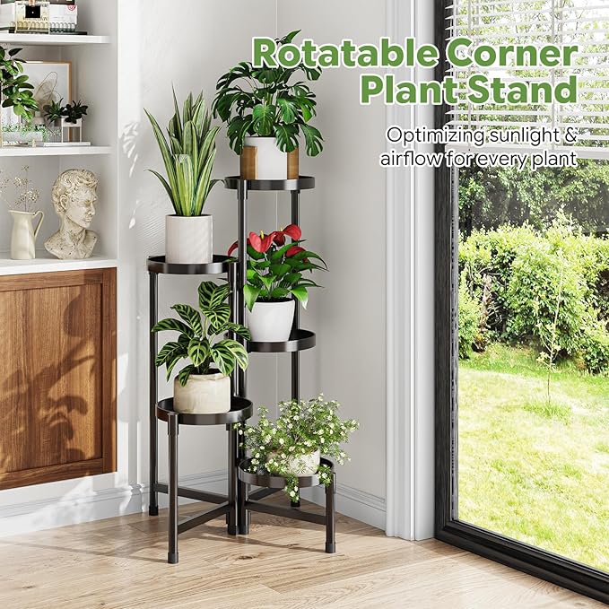 Simple Trending Plant Stand Indoor Outdoor, 5-Tiers Metal Corner Shelf, Tall Display Rack with 5 Rotating Trays, Heavy Duty Flower Holders for Patio Garden Balcony Living Room Bedroom, Black