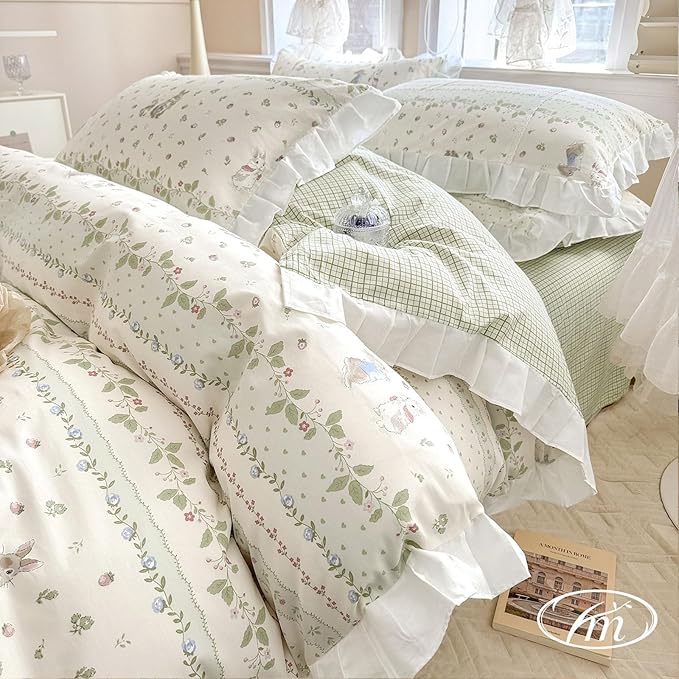 VM VOUGEMARKET Kids Comforter Set Full Size Cute Rabbit Down Comforter with Flower Leaves Pattern Reverisble Ruffle Lace Bedding Set for Teen Girls(Green,Full)
