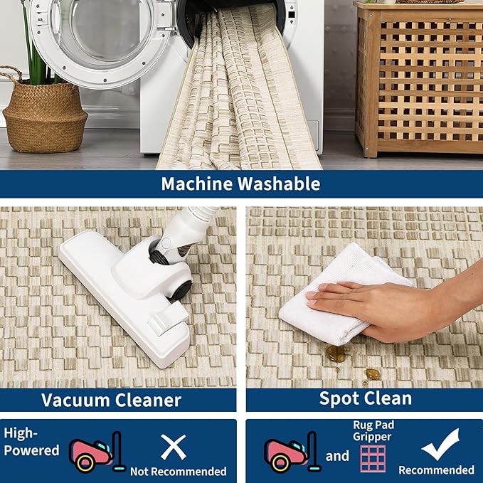 Washable Area Rugs 8x10 Rug for Living Room Modern Bedroom Rug Plaid Farmhouse Large Area Rug Non Slip Throw Rugs Soft Low Pile Stain Resistant Carpet for Dining Room 8'x10' Beige