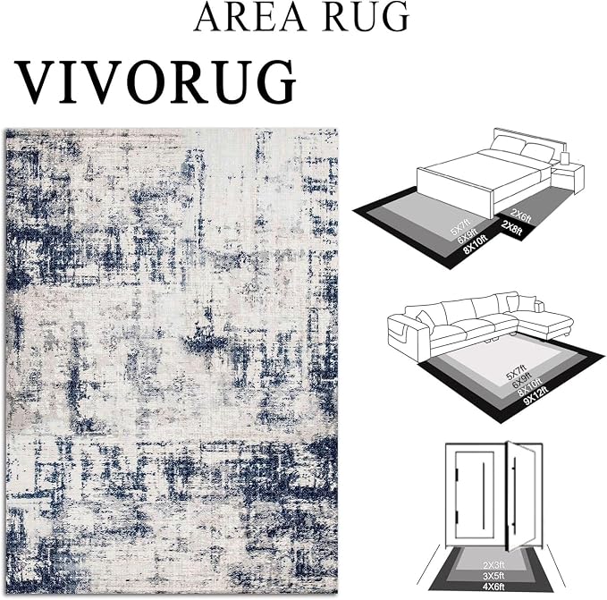3x5 Rug, Small Area Rug for Living Room, Bedroom, Kitchen, Machine Washable Non-Slip Throw Rug, Modern Abstract Carpet for Entryway Nursery Coffee Table, Ivory Navy