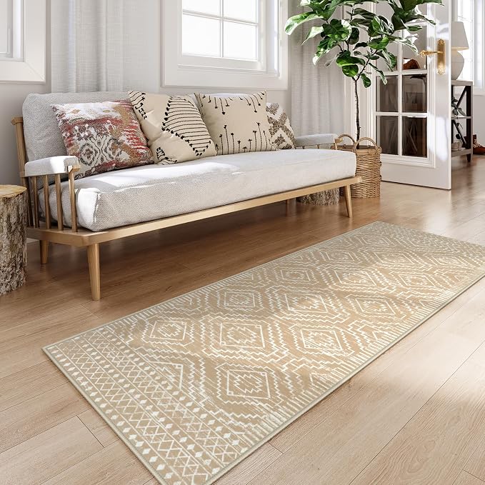 Wonnitar Moroccan Washable Kitchen Runner Rug 2'6"x8', Non-Slip Boho Rug Runners for Hallways, Farmhouse Floor Carpet Soft Runner for Bathroom Hall Entyway (Kakhi,2'6"x8')