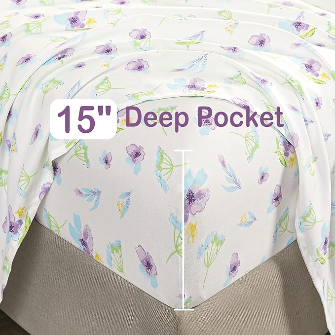 Softan Floral Full Sheet Set Blue Purple Flower Printed Bed Sheets, Soft Microfiber Patterned Fitted Sheets Full with 15" Deep Pocket & Non-Slip Straps, Summer Cooling Sheets & Pillowcase Set