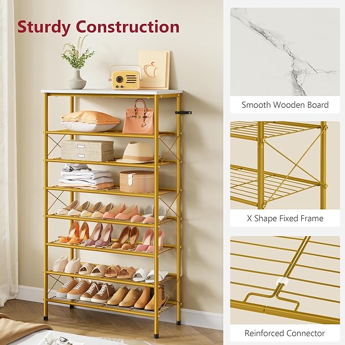 Tajsoon 8 Tier Shoe Rack Organizer for 28-32 Pairs of Shoes, Metal Mesh Shoe Shelf for Closet, Industrial Shoe Rack for Entryway Shoe Storage with X Shape Fixed Frame, White & Gold