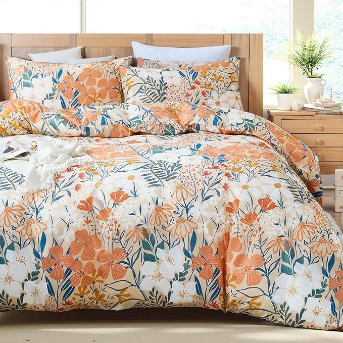 100% Cotton Duvet Cover Queen Size – Autumn Botanical Floral Duvet Cover Set with Zipper Closure, 3-Piece Soft Breathable Percale Weave Bedding Set for All Seasons