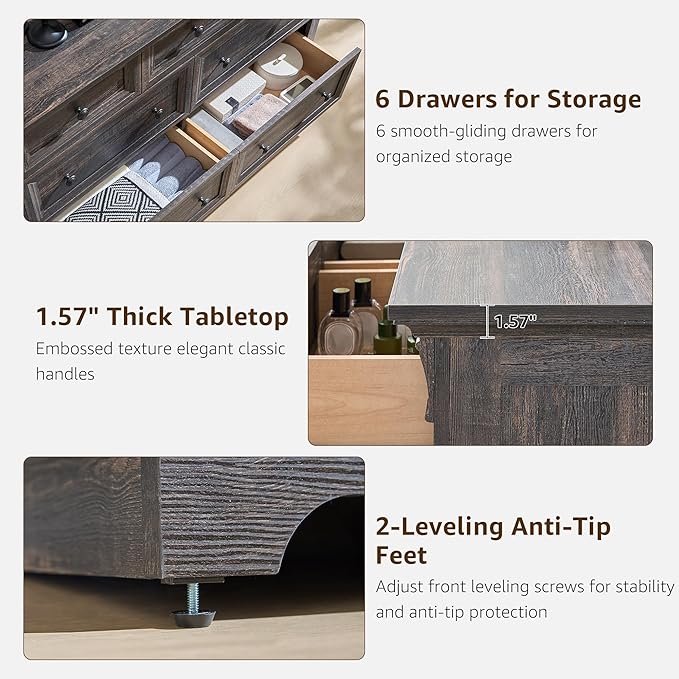 T4TREAM Farmhouse 7 Drawers Dresser for Bedroom, 54" Wide Wood Rustic Chest of Drawers w/Roman Column, Wooden Storage Dressers Organizer for Bedroom, Living Room, Closet, Dark Rustic Oak
