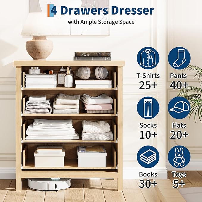 GarveeHome Fluted 4 Drawers Dresser for Bedroom, 35.4 in Tall Chest of Dressers for Closet, 4 Fluted Drawers with Metal Handle, Large Clothes Storage Cabinet for Bedroom, Nursery, Living Room, Natural