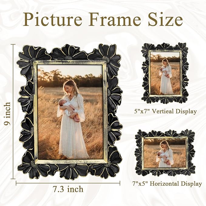 5x7 Vintage Flower Picture Frame, Ornate Antique Photo Frame with Glass Front, Elegant Picture Frame for for Wall or Tabletop Display, Gift ldeas for Home Decor (Black Gold)