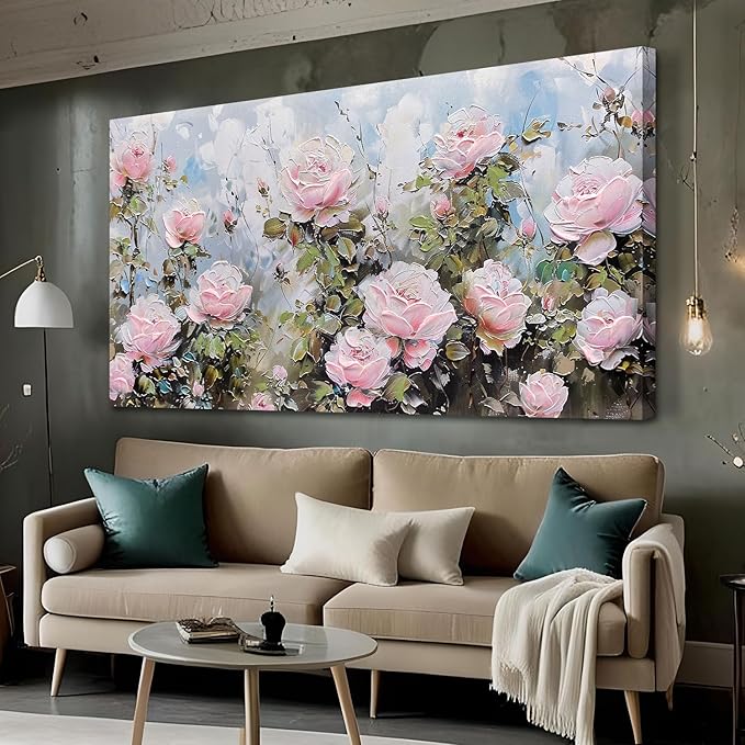 Ardemy Flower Wall Art Canvas Art Wall Decor, Floral Painting Textured Picture Living Room, Pink Rose Artwork Framed for Bedroom Kitchen Dining Room Home Office Decor Extra Large 58"x29"