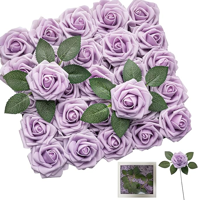 Purple Artificial Roses 25pcs, Real Looking Fake Foam Flowers with Stems for DIY Wedding Bouquets, Centerpieces, Bridal Shower, Party, Valentine's Day Decoration