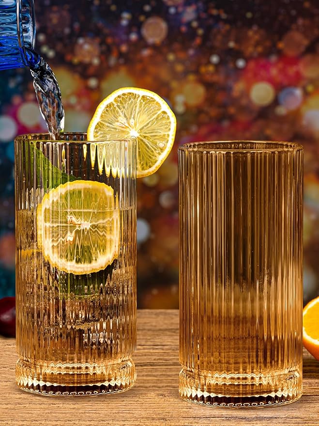 16Oz Amber Ribbed Glassware Set Of 6 – Vintage Drinking Glasses And Ribbed Glass Cups, Amber Glassware Drinkware Set For Water, Juice, Cocktails, Iced Coffee, Smoothies, Beer, Home, Parties