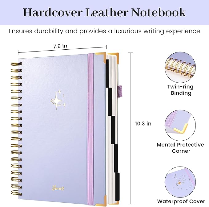 FLYING EAGLE Leather Spiral Notebooks for Work 5 Subject Notebook College Ruled with Dividers Pen, 360 Pages B5 Hardcover Lined Journals for Women Men Writing,Purple