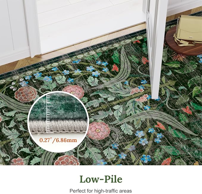 AMTOVO 2x3 Washable Entryway Area Rug Door Mat, Vintage Boho Floral Distressed Print Non-Slip Carpet, Small Throw Rug for Indoor Entrance Kitchen Bedroom Bathroom Laundry Floor, Dark Green