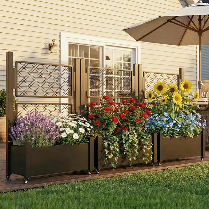 Metal Planter Box with Trellis and Wheels, 50" Hx38 Wx14 D Large Outdoor Garden Planter for Climbing Plants, Vegetables & Vines, Includes Drainage Holes and Privacy Screen, Black