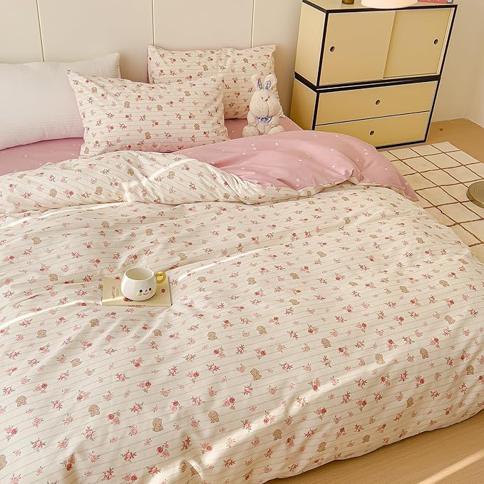 AOJIM Soft Cotton Duvet Cover Queen Size, 1 Comforter Cover 90x90 Inches with Zipper Closure and 2 Pillowcases, Kids Adults Queen Duvet Cover Set for Room Decor (No Comforter), Floral and Rabbit, Pink