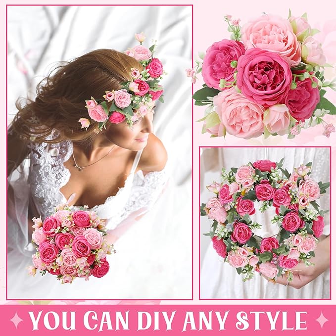 8 Pack Pink, Hot Pink Peonies Artificial Flowers, Fake Silk Hydrangea Bouquet for Bridal Wedding Home Table Decor Reusable Dining Opening Ceremony Birthday Arrangement Faux Floral