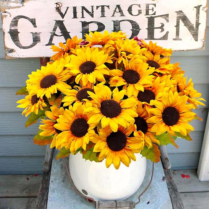 Sunflowers Artificial Flowers, 4 Bundles Fake Fall Flower UV Resistant Silk Sunflower for Vase Autumn Wedding Table Home Porch Patio Garden Indoor Outdoor Decor