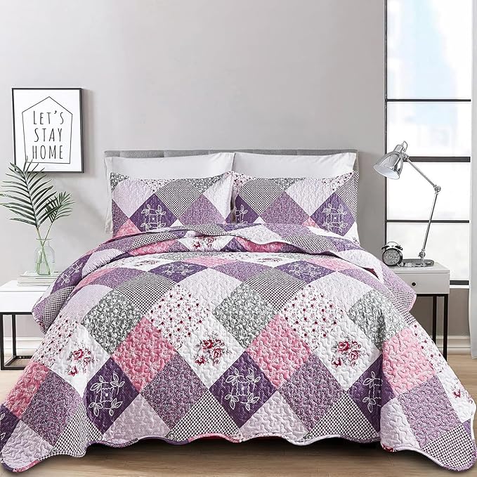 Dinjoy Purple Quilt Set Twin Size, Reversible Floral Plaid Patchwork Pattern Bedding Set Soft Microfiber Lightweight Bedspread 3 Piece Spring Summer Fall Use (68x86 inches)