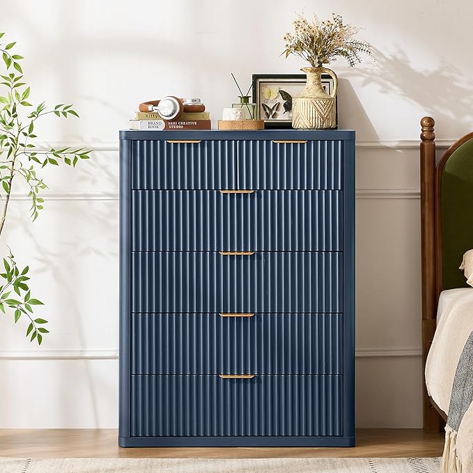 LEYAOYAO Fluted 6 Drawers Dresser for Bedroom, 42" Tall Modern Chest of Drawers with Metal Handle, Curved Profile Design,Navy Blue Wood Drawer Organizer for Bedroom, Living Room, Hallway, Entryway