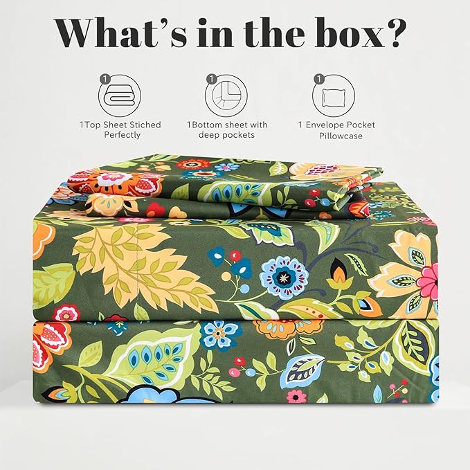 Bedlifes Full Sheet Set Ultra Soft, Breathable, Silky Flower Deep Pocket 100% Microfiber Bedding, 4 Piece Full Size with Floral Dark Green