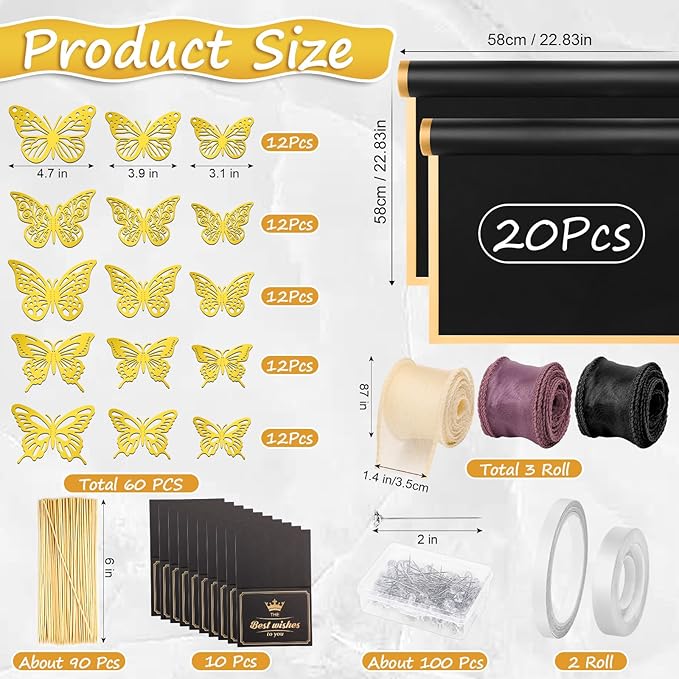 ROADPLUM 20 Sheets Flower Wrapping Paper, Black Bouquet Wrapping Paper Accessories with 100 Diamond Pins 60 Gold Butterflies 3 Ribbon 10 Cards 90 Bamboo Stick, DIY Floral Bouquet Supplies