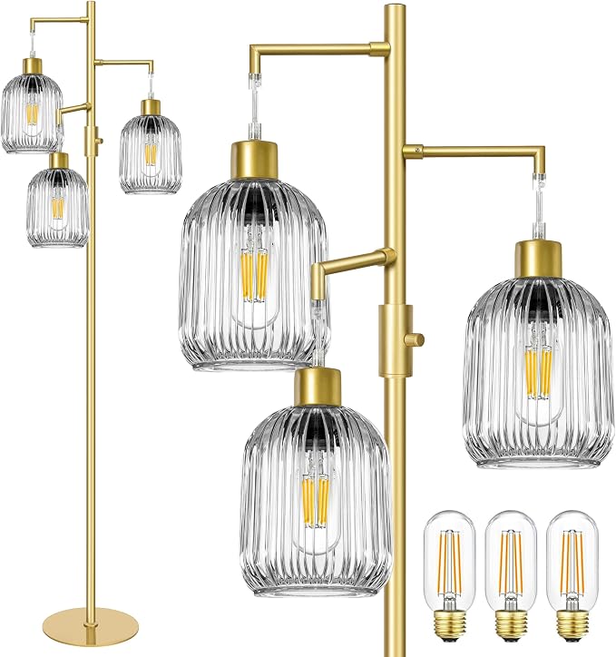 Modern Standing Lamps for Living Room, Floor Lamp with Clear Ribbed Glass Shade, Dimmable Tree Lamp Standing Lamp, Mid Century Tall Lamps with 3×600LM LED Bulbs