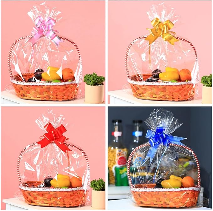 30 Packs 32” x 40” Gift Wrap Cellophane Bags for Basket Extra-large Jumbo Clear Cellophane Wraps Clear Huge Cello Bags for Basket, Gift, Christmas Tree, Treat, Art and Craft, 30ct Blue Ribbon Bows