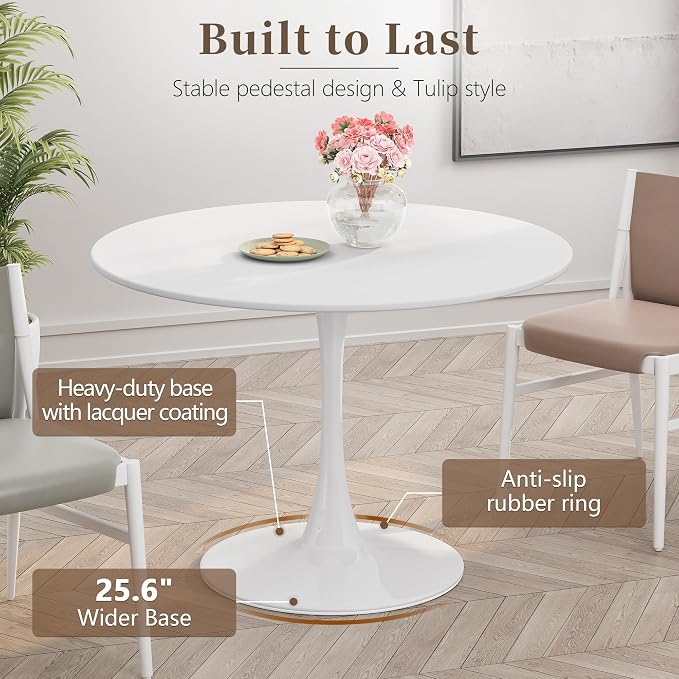 42" Tulip Table for 4-6 Persons Modern Round Dining Room Table, Mid-Century Modern White Small Kitchen Table with MDF Wooden Top, Leisure Coffee Table for Living Room, Dining Room, Office