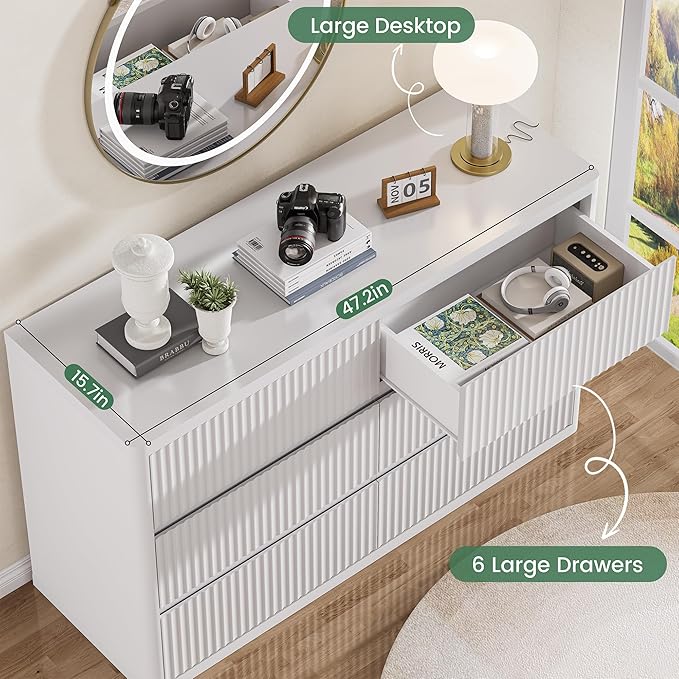 Fluted 6 Drawers Double Dresser, White Dresser for Bedroom, Modern Chest of Drawers with Handleless, Curved Profile Dressers TV Stand, Wood Storage Organizer for Living Room, Hallway