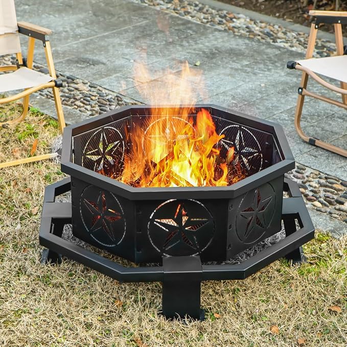Verdeluxe 32 Inch Octagonal Outdoor Fire Pit,Wood Burning Fire Pit with Fire Poker,Firepits for Outside Bonfire,Camping,Backyard, Garden,Patio