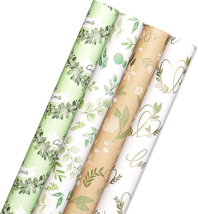 American Greetings 160 sq. ft. Reversible Wrapping Paper Bundle for Weddings, Bridal Showers and All Occasions, Greenery and Love Text (4 Rolls, 30 in. x 16 ft.)