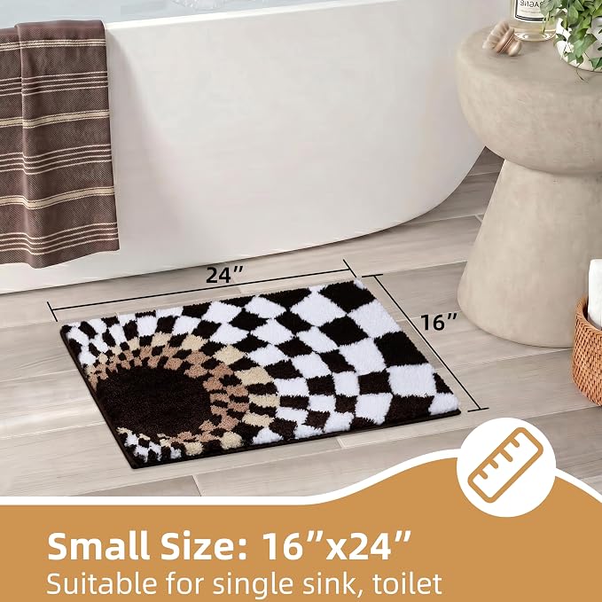 Cute Microfiber Checkered Bath Mat, Non Slip High Pile Absorbent Mat, Tufted Checkerboard Rug for Toilet, Sink, Funky Apartment Decor, Brown, Machine Washable, 16"x24"