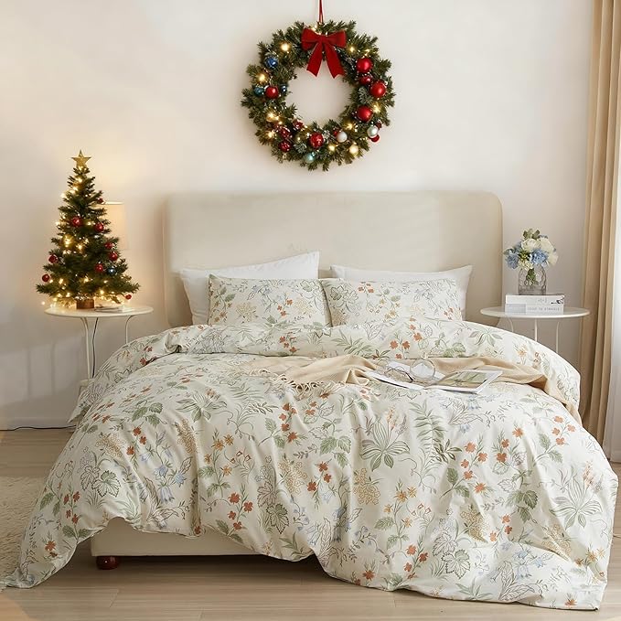 EAVD Vintage Floral Duvet Cover Queen Size White Soft 100% Cotton 3-Piece Chic Coquette Bedding Set with 2 Pillowcases Garden Botanical Floral Comforter Cover with Zipper Closure