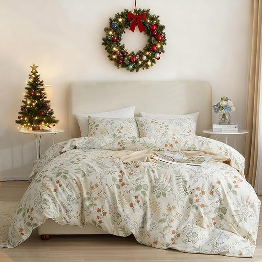 EAVD Vintage Floral Duvet Cover Queen Size White Soft 100% Cotton 3-Piece Chic Coquette Bedding Set with 2 Pillowcases Garden Botanical Floral Comforter Cover with Zipper Closure