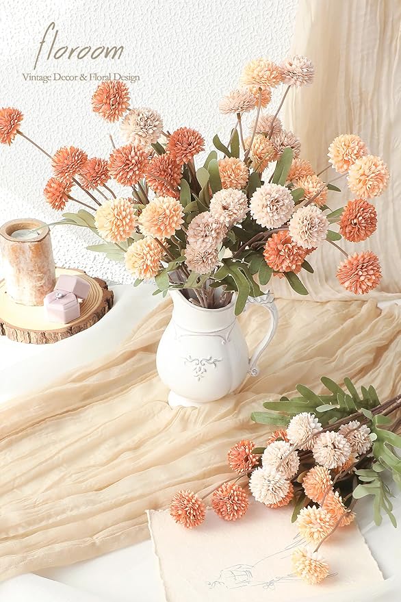 Floroom 9pcs Burnt Orange Peach Mix Faux Silk Mums Artificial Flowers, Bulk Fake Small Mini Chrysanthemums with Stems for DIY Wedding Centerpieces Floral Arrangements Vase Fillers Home Decorations