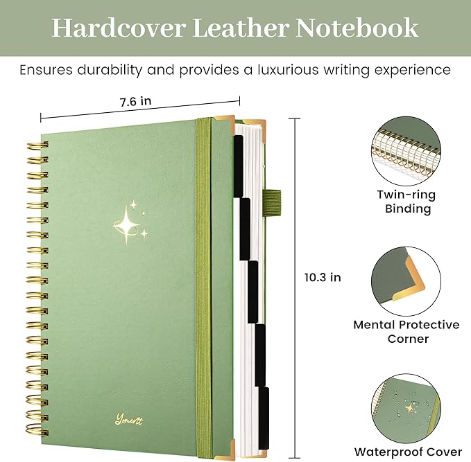 FLYING EAGLE Leather Spiral Notebooks for Work 5 Subject Notebook College Ruled with Dividers Pen, 360 Pages B5 Hardcover Lined Journals for Women Men Writing,Green